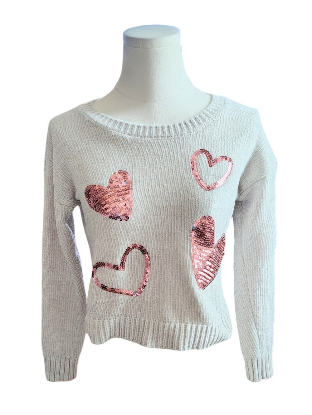 Pink Republic Soft Cream Ribbed Pink Sequin Heart Cropped Sweater Size Medium